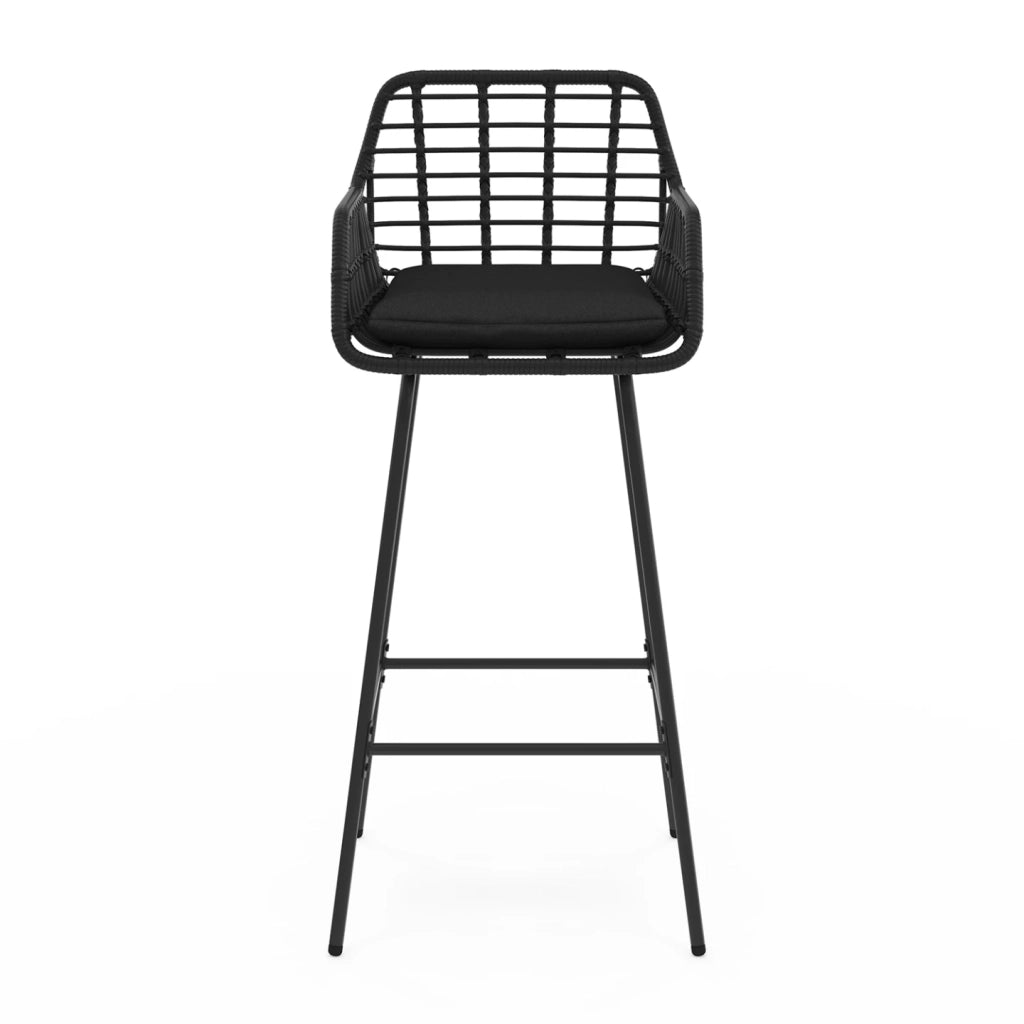 IDMarket - Set di 2 sgabelli da bar SUMMER con braccioli effetto rattan nero e gambe in metallo nero
