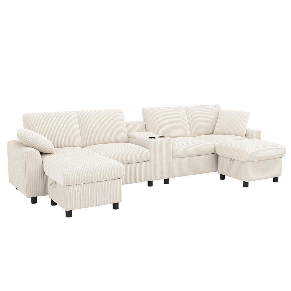 Divano a U in velluto - Xylo - Con 2 poggiapiedi, USB, Type-C, beige (315cm)