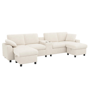 Divano a U in velluto - Xylo - Con 2 poggiapiedi, USB, Type-C, beige (315cm)