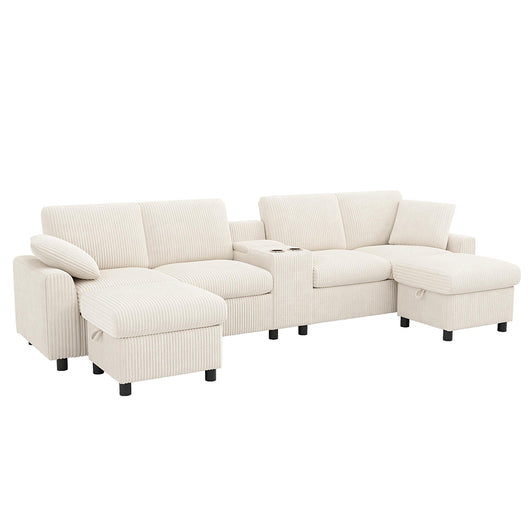 Divano a U in velluto - Xylo - Con 2 poggiapiedi, USB, Type-C, beige (315cm)