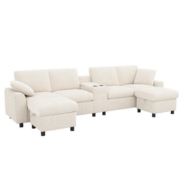 Divano a U in velluto - Xylo - Con 2 poggiapiedi, USB, Type-C, beige (315cm)