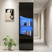 Vetrina alta e stretta 35x50x165 cm in truciolare nero lucido con LED e vetro temperato