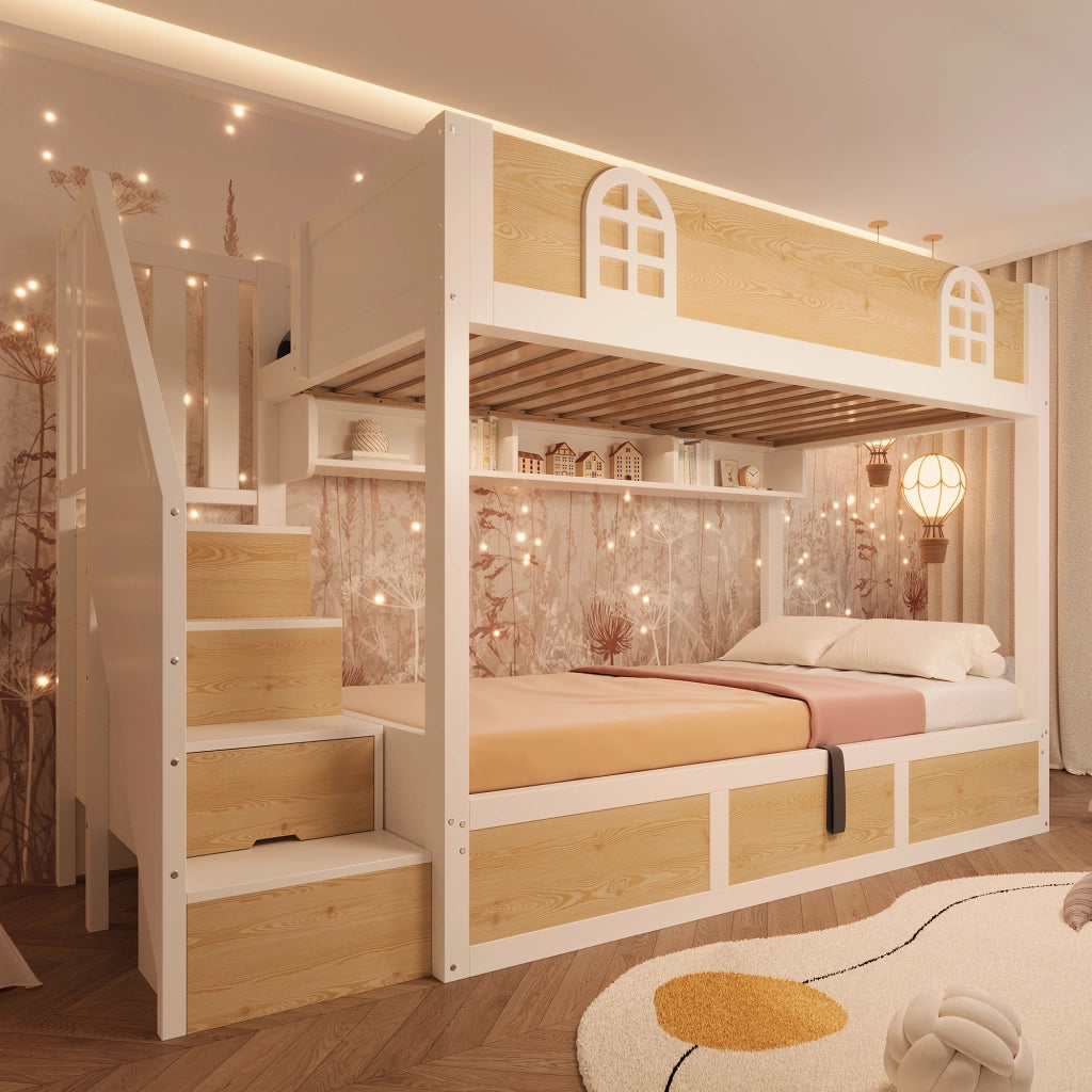 Letto a castello 90x200 cm per bambini con scala contenitore e vano sollevabile; MDF bianco e naturale