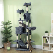 Albero tiragraffi per gatti 206 cm con 2 cucce, 2 amache, 2 palline gioco, paletti in sisal, grigio scuro