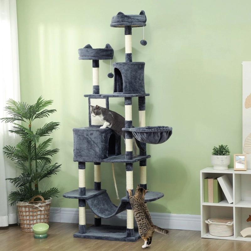 Albero tiragraffi per gatti 206 cm con 2 cucce, 2 amache, 2 palline gioco, paletti in sisal, grigio scuro