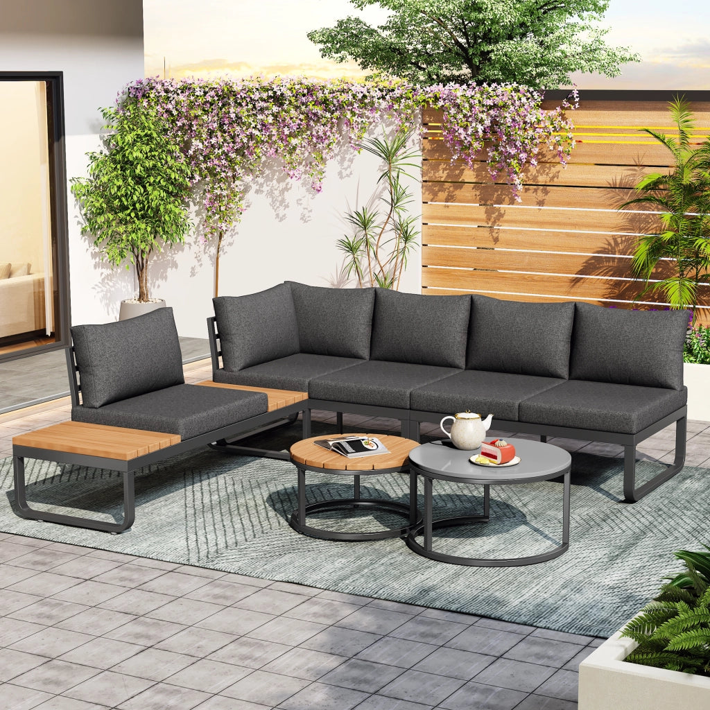 OKWISH Set di 5 mobili da giardino con 2 divani a 2 posti, 1 poltrona con piani laterali e 2 tavolini, Ferro Grigio