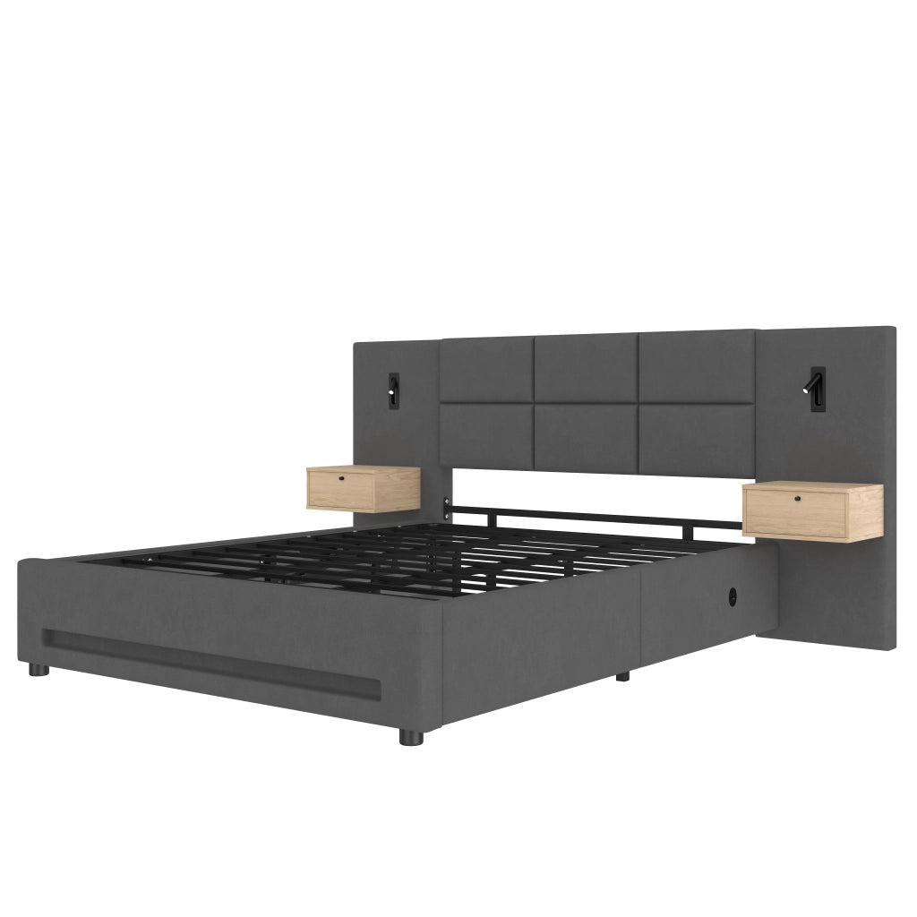 Letto matrimoniale 160x200 cm in velluto grigio scuro con testiera contenitore, LED, USB-C e vano salvaspazio