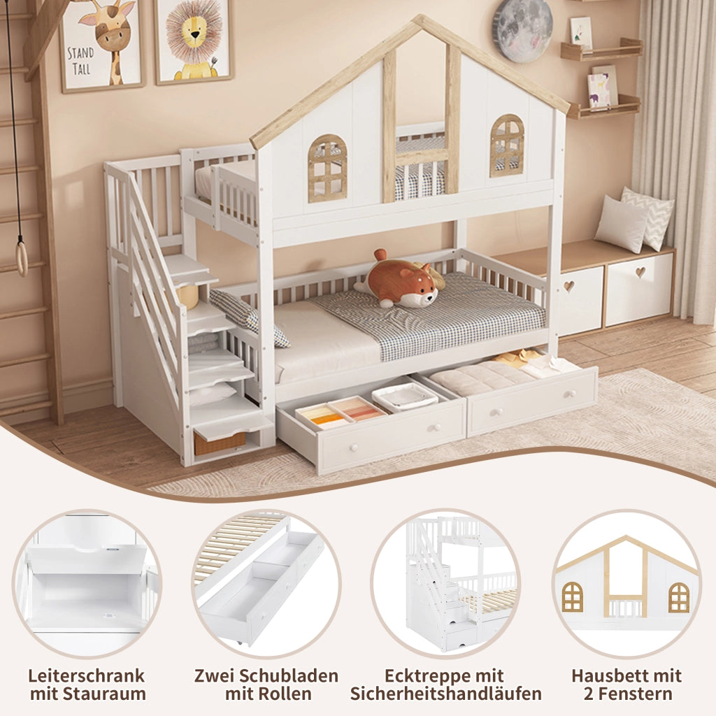 DESMIU Letto a castello bambino 90 × 200 cm con finestre, scala contenitore, 2 cassetti, senza materasso