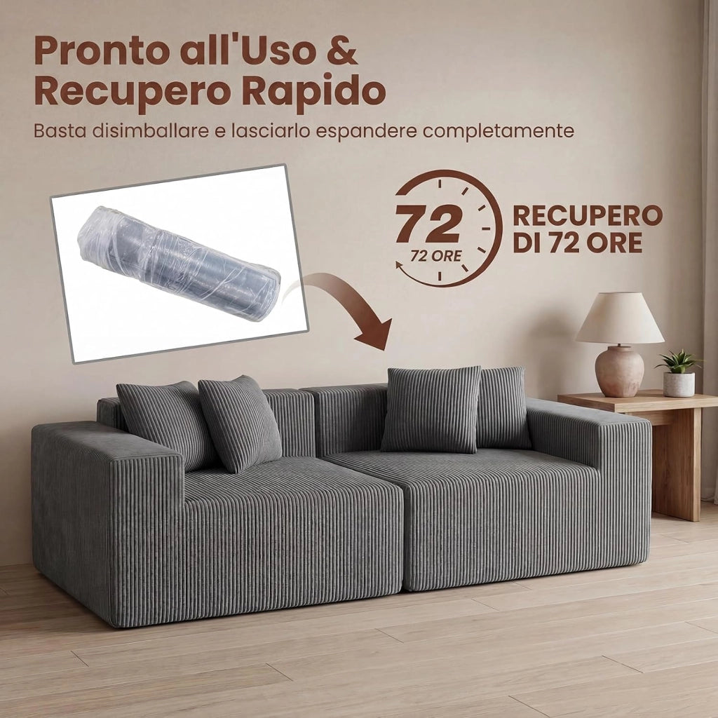 Divano Letto 2 Posti 204 X 89 X 64 CM, Divanetto da Pavimento Imbottito con 4 Cuscini, Velluto a Coste e Schiuma ad Alta Elasticità, Divano Modulare con Braccioli Comodi per Soggiorno