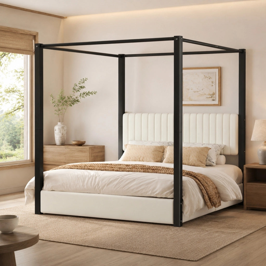 Letto Matrimoniale 180 x 200 cm; con Baldacchino; Testiera Imbottita; in Metallo; Beige e Nero