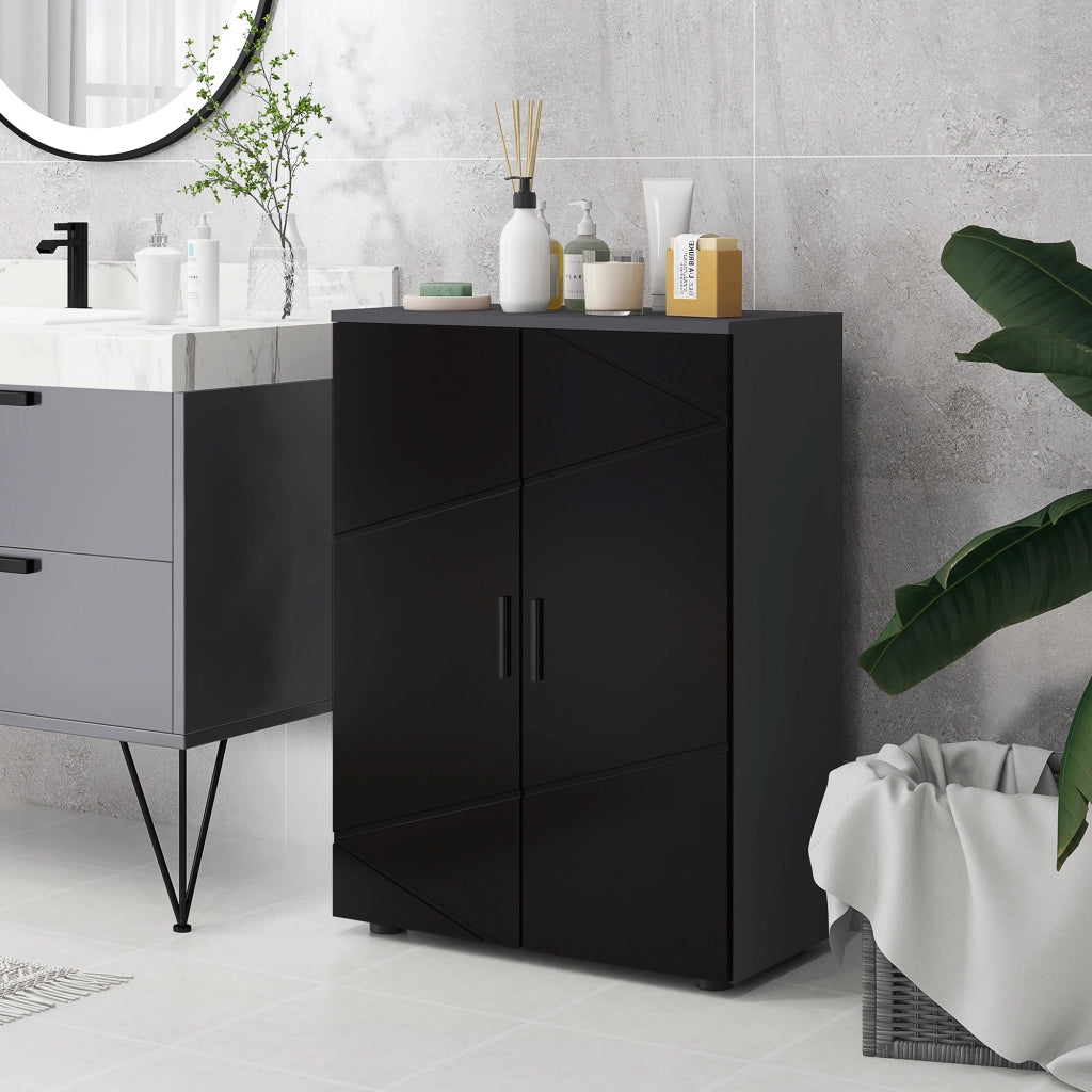 Mobiletto Bagno 2 Ante con Ripiani ¨C zephmum ¨C Legno Multistrato, Nero Lucido, 60x30x82 cm