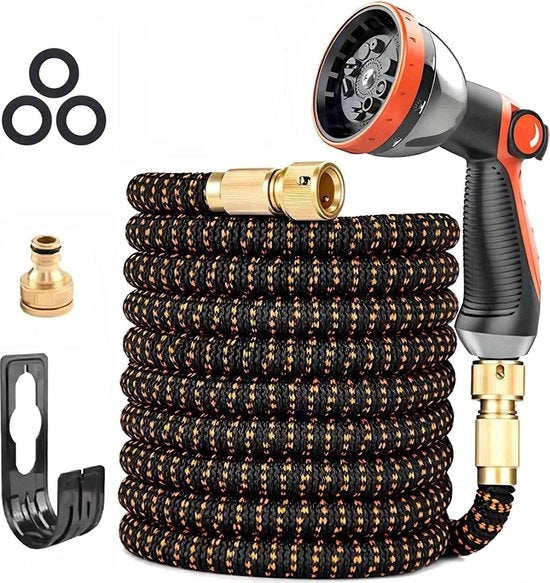 Serpentino per giardino 15 m con connessioni metalliche - 3 strati di gomma latex flessibile - tessuto 3450D senza pieghe - 10 bocchette
