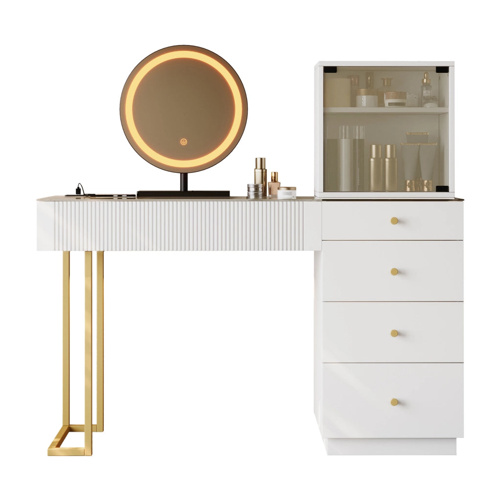 Set toeletta moderno con specchio LED, 5 cassetti, armadietto con anta in vetro e piano in vetro temperato, bianco, 120 x 40 x 120 cm