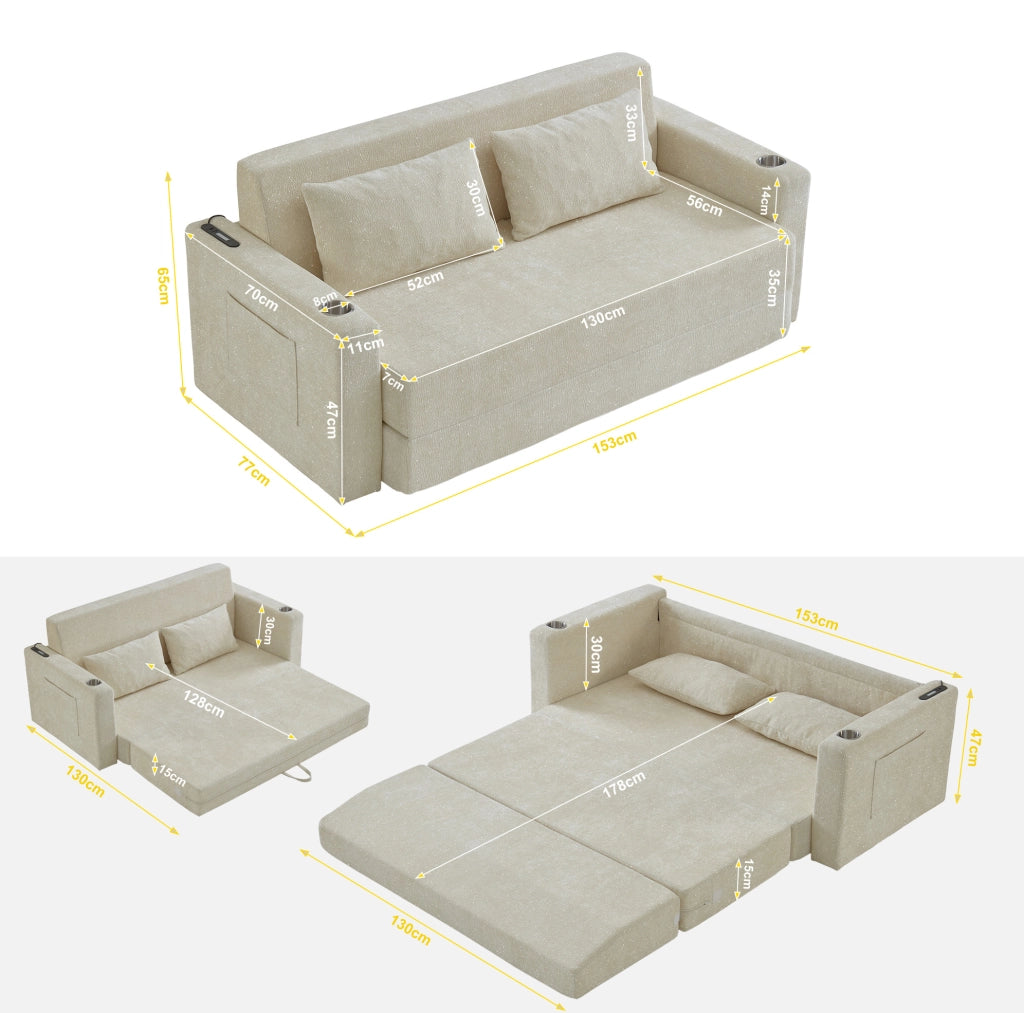 Divano letto 2 posti pieghevole con USB; portabicchieri e tasche laterali; beige