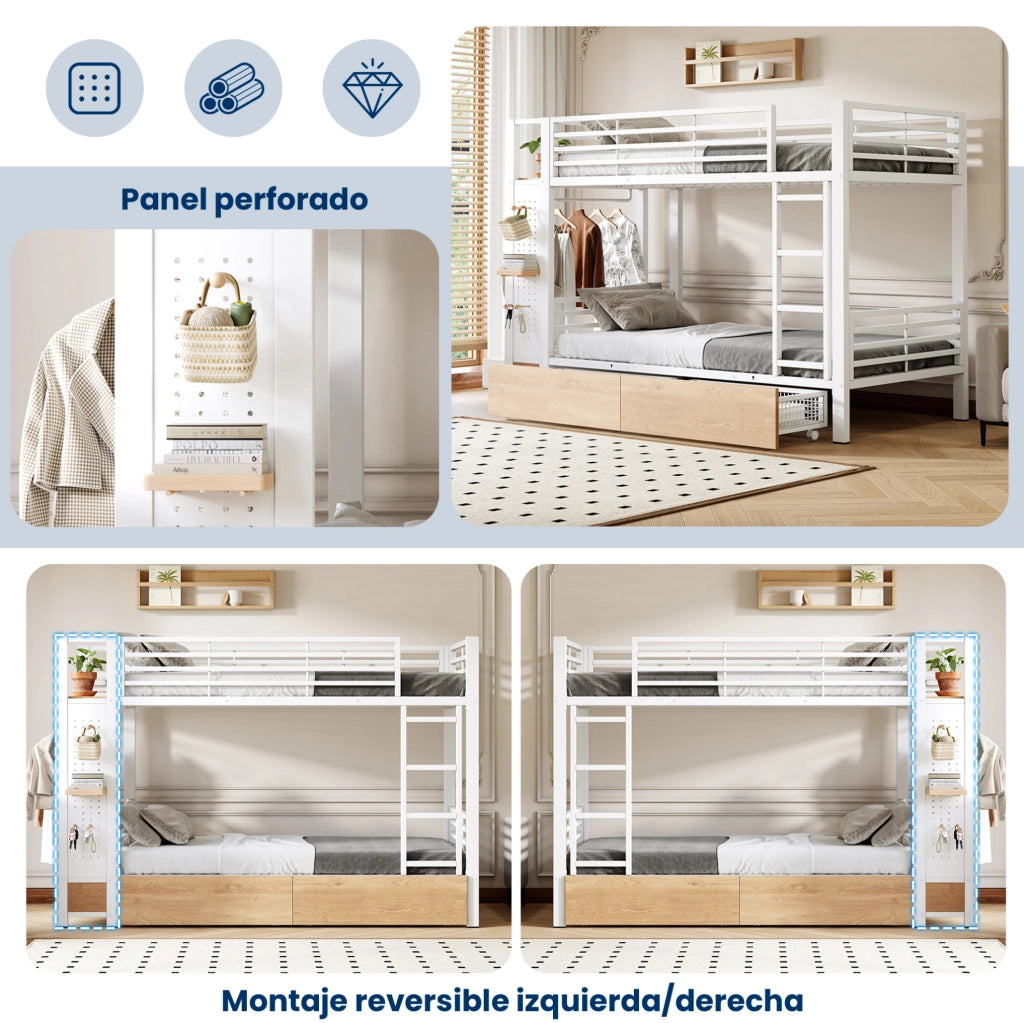 Letto a castello 90x200 cm in MDF e metallo bianco con LED; 2 cassetti e vano appendiabiti
