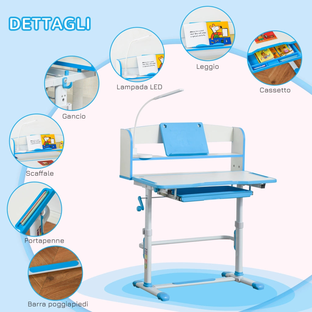 Banco Scuola per Bambini 6-12 Anni Regolabile con Luce LED, Leggio e Portapenne, in MDF, PP e Acciaio, Azzurro