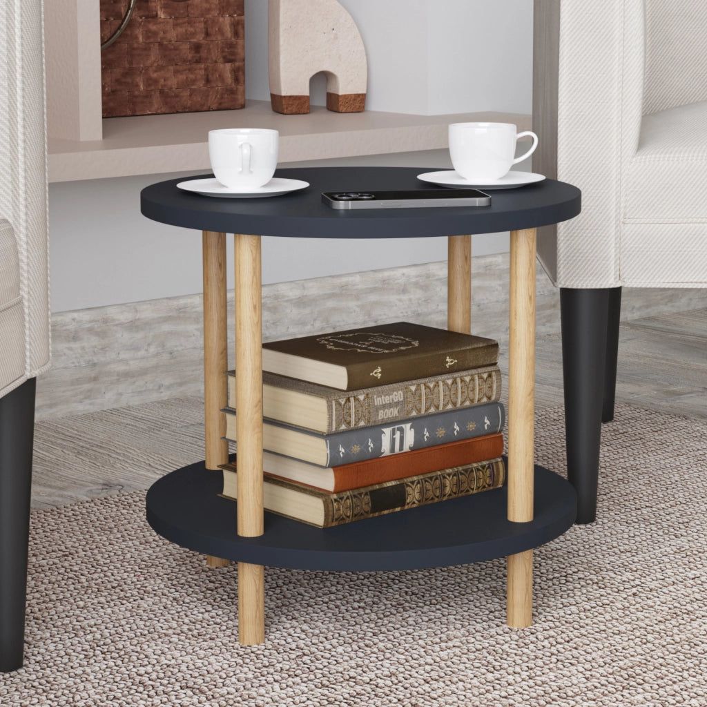 Tavolino Rotondo VES con 2 Piani di Appoggio 49xØ42 cm Grigio [en.casa]