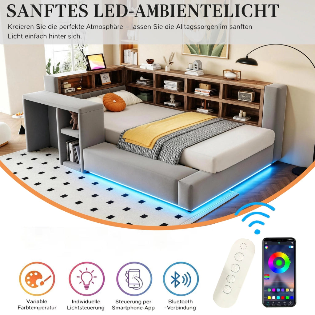 Letto imbottito con testiera a più livelli e LED, 90x200 cm, antracite