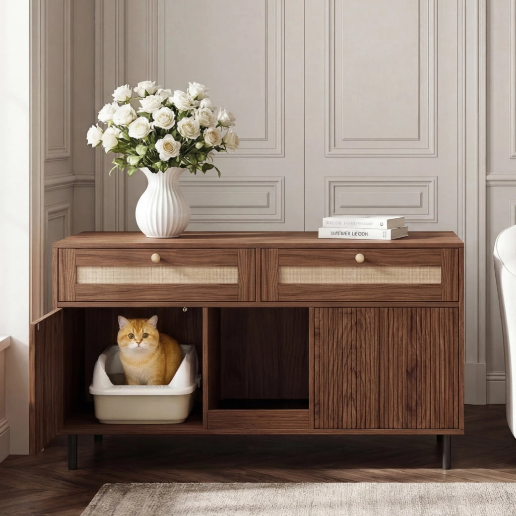 Mobile lettiera per gatti con doppie ante cassetto e tappetino raccogli lettiera per soggiorno noce 120 × 50 × 65 cm