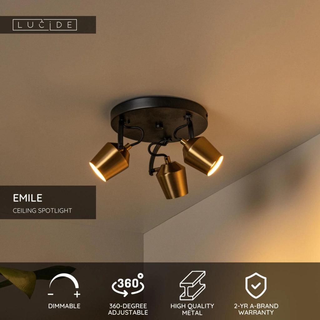 Faretto soffitto EMILE 3xGU10 oro nero Lucide