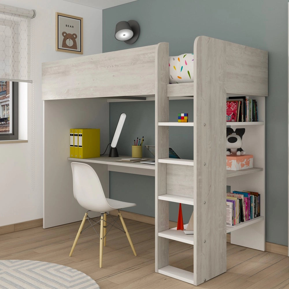 Letto a soppalco bianco consumato e bianco con scrivania 2278