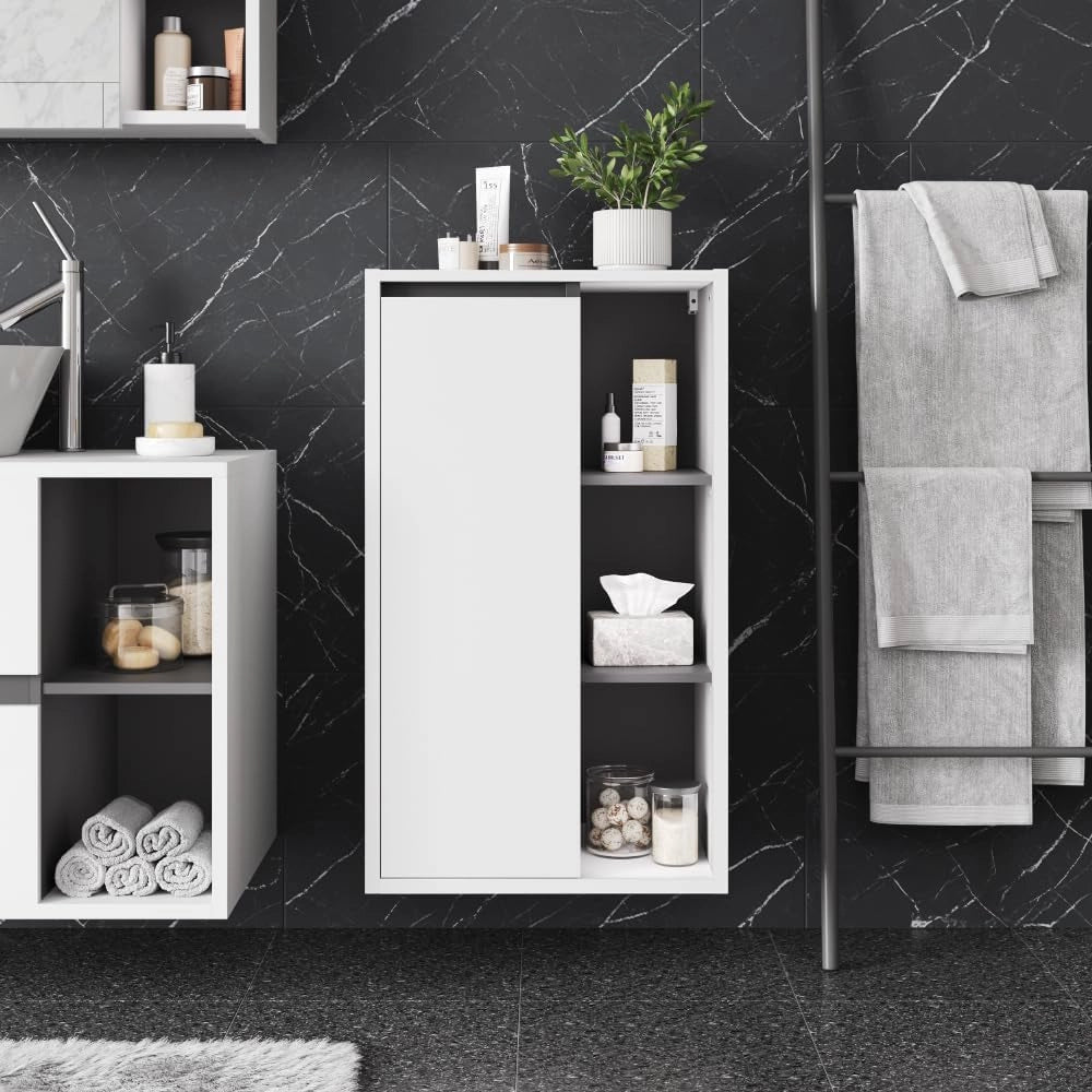Mobiletto midi Viola, Bianco/Grigio, 50 x 86 cm con ripiani aperti, adatto per montaggio a parete e combinabile con la serie Viola