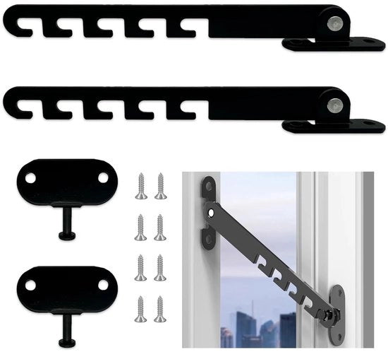 Set di chiusura finestra 2 pezzi - Chiusura finestra a scorrimento - Protezione guaina - Viti di blocco finestra - Acciaio inossidabile - Apertura regolabile - Blocco finestra 

Specifiche tecniche: 
2 pezzi 
Acciaio inossidabile 
Apertura regolabile