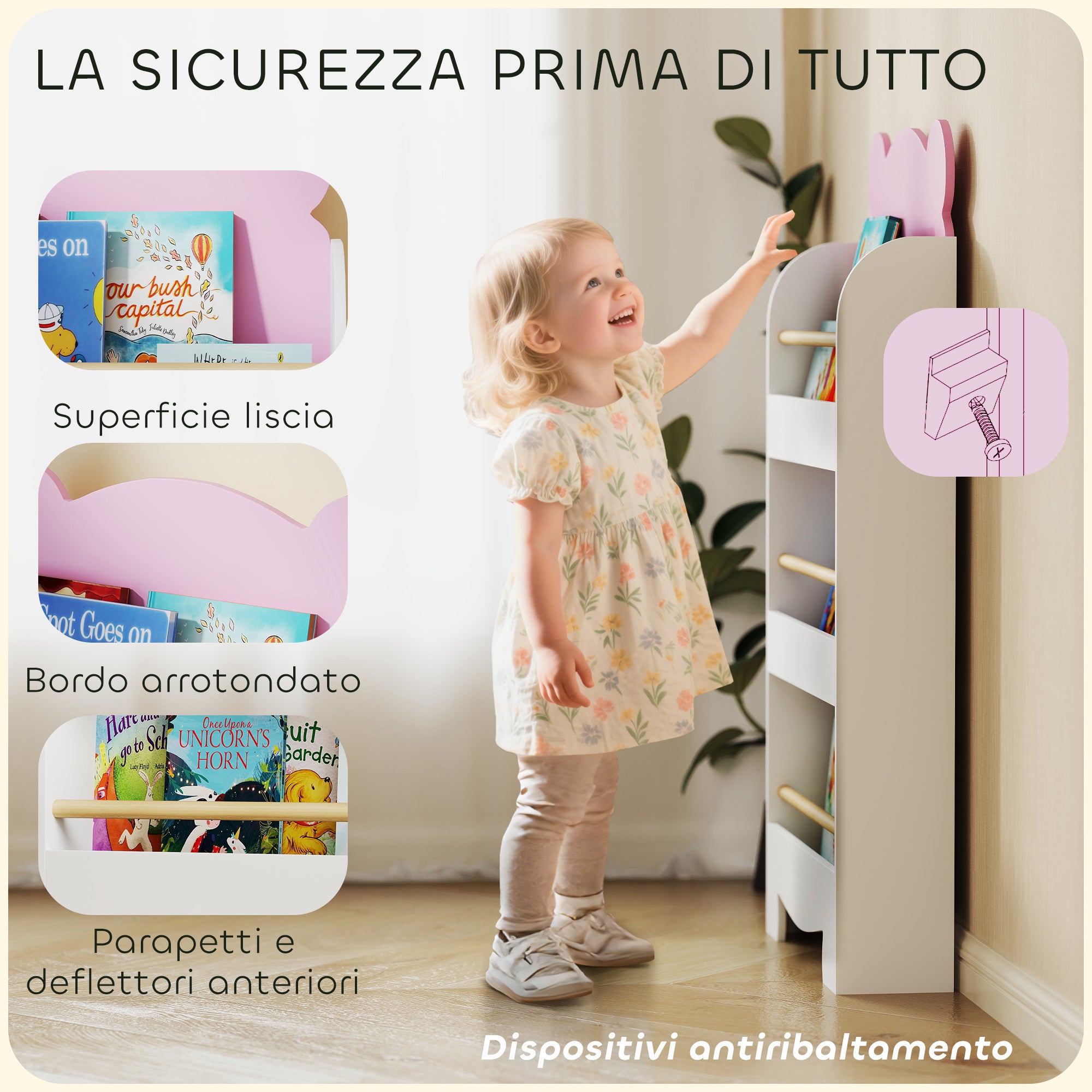 Libreria per Bambini 55x15x110 cm a Forma di Orsetto a 3 Ripiani con Barriere Frontali in MDF e Legno Rosa
