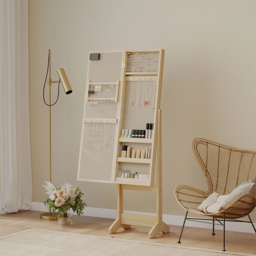 Armadio Joyero con Specchio e Luci LED ¨C zephmum ¨C Legno Naturale, Bianco, 90x51x