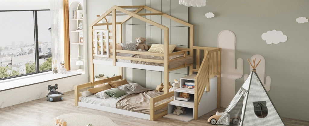 DESMIU Letto a castello 3 posti con scala contenitore, sponde e finestra 90 × 200 e 140 × 200 cm senza materasso
