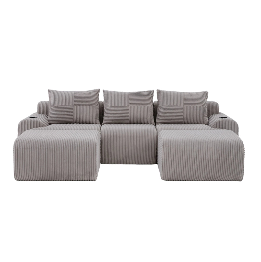 Divano modulare a 3 posti in corduroy grigio chiaro; con portabicchieri e tasca laterale; 268 cm