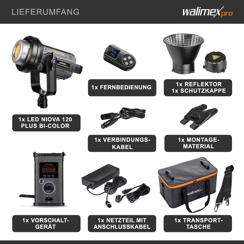 Niova 120 Plus Luce video LED dimmerabile Bi-Color con riflettore I Luce da studio con tecnologia COB LED I 5600 K, CRI=95 I Luminosità regolabile dal 10 al 100%.
