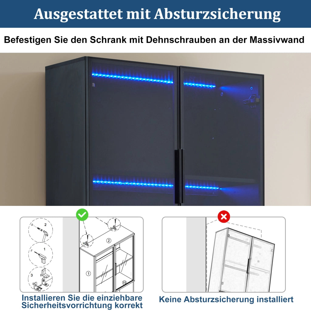 Vetrina con led e ante in vetro, vano aperto e ripiano regolabile, per soggiorno, 160 × 30 × 200 cm