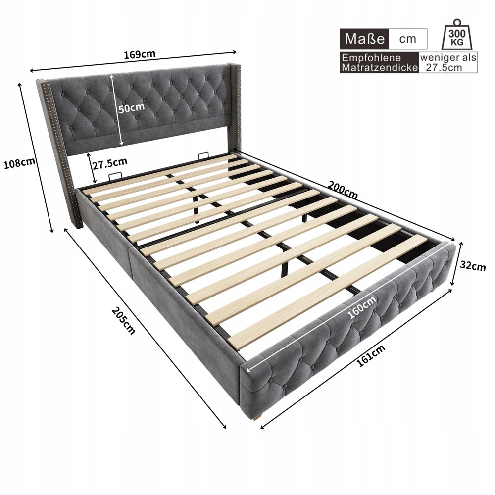 Letto imbottito 160x200 - Xylo - Base a doghe in velluto, grigio