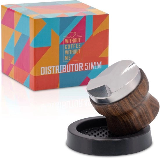 Distributore a 51mm – Livello d'acqua per estrazione perfetta – Distributore del caffè in acciaio inossidabile di alta qualità e mogano – Incluso cassetto | 4 misure