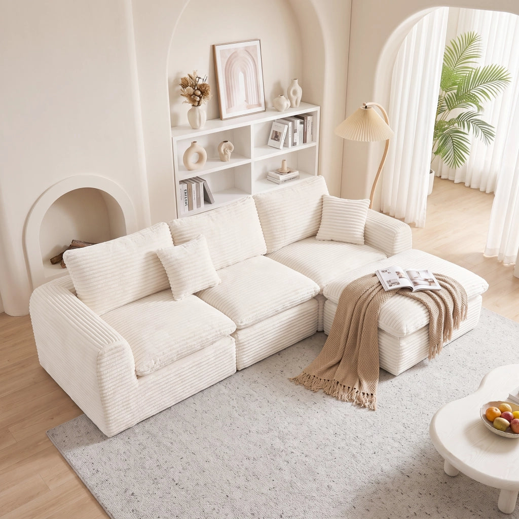 Divano modulare 3 pezzi configurabile con seduta profonda e schienali morbidi in velluto a coste beige per salotto