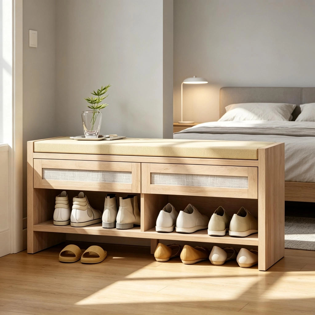 PANCA SCARPIERA 108x35x50 cm Effetto legno chiaro in MDF e rattan PE