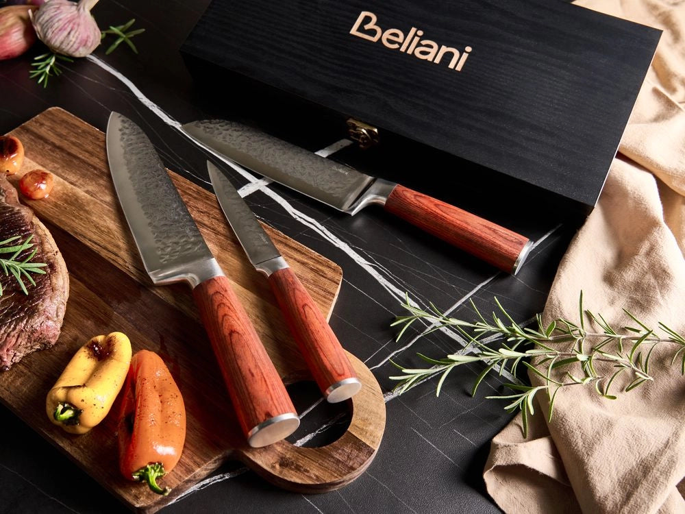 Set di 3 coltelli da cucina moderni affilati a mano, durezza 62 HRC acciaio inossidabile damasco marrone