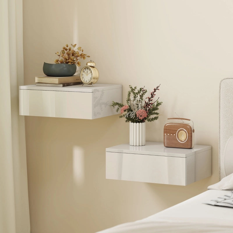Set di 2 comodini a parete con cassetto, per camera da letto, in truciolato, bianchi