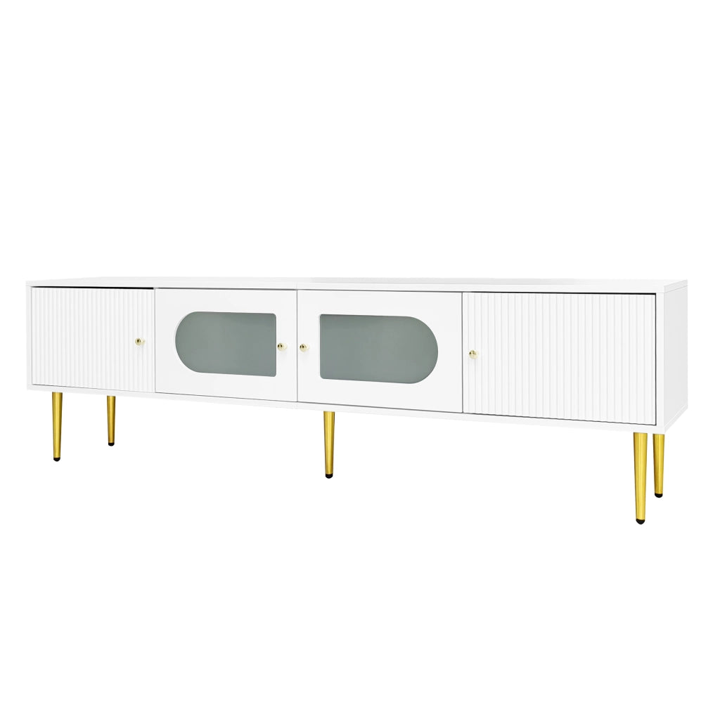 Mobile TV ¨C MINIMAL ¨C Bianco con Gambe Dorate, 2 Ante con Vetro ad Arco, 170x35x50 cm