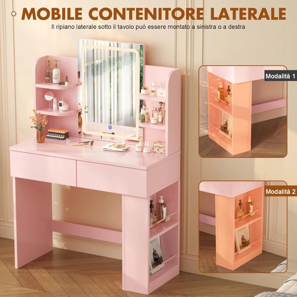 Toeletta Trucco con Luci LED 3 con Luminosità Regolabile,Tavolo da Trucco con Specchio, Ripiani Regolabili, 2 Cassetti, in Legno,Moderno (Rosa, 90cm)