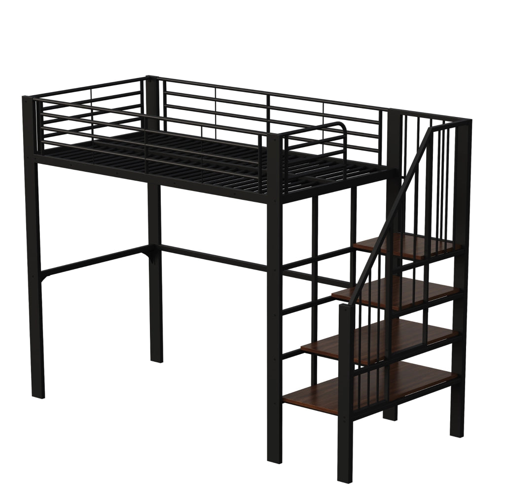 Letto a soppalco 90x200 cm con scala e spazio contenitore in metallo nero