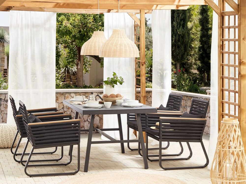 Set da pranzo da giardino 4 posti metallo Nero alluminio finitura opaca tavolo da esterno 4 sedie cuscini moderno