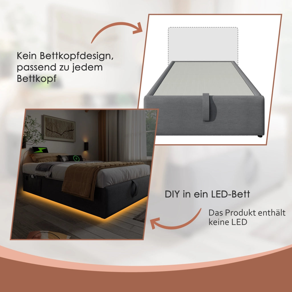 LETTO contenitore 90x200 cm con USB e Type-C tessuto grigio