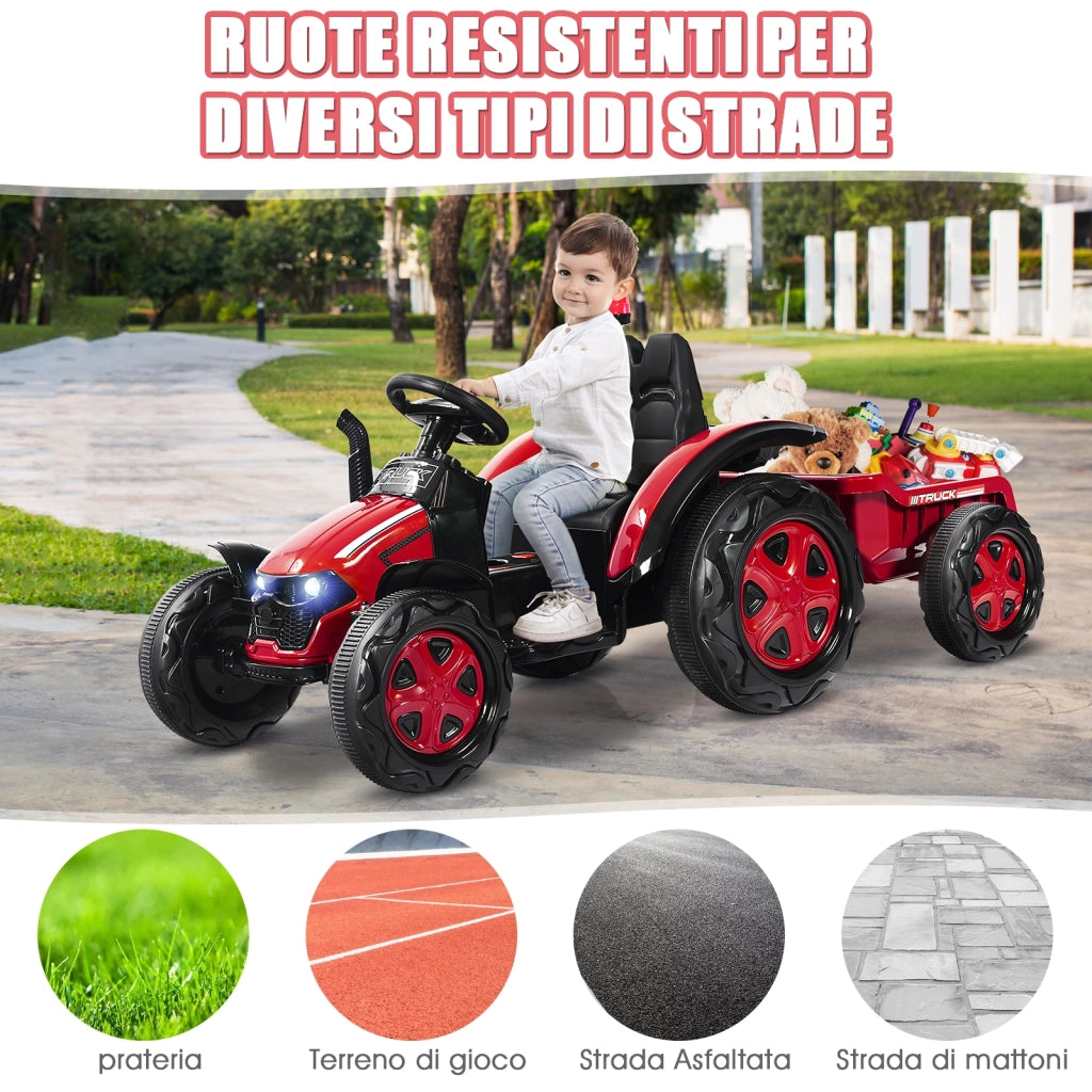 Trattore elettrico per bambini con rimorchio e telecomando, Trattore giocattolo con cintura di sicurezza Rosso-Macchinine giocattoli