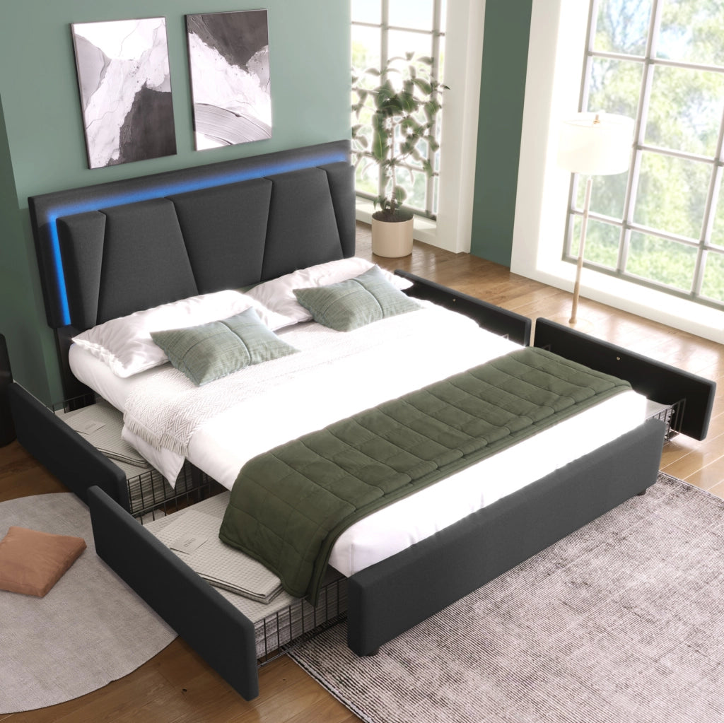 Letto matrimoniale 140x200 cm con LED; testiera regolabile e 4 cassetti; grigio