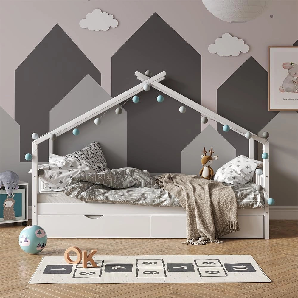 Letto da casa Design, Bianco, 90x200 cm con letto per ospiti e materasso, con sponda anticaduta e rete a doghe per un sonno sicuro