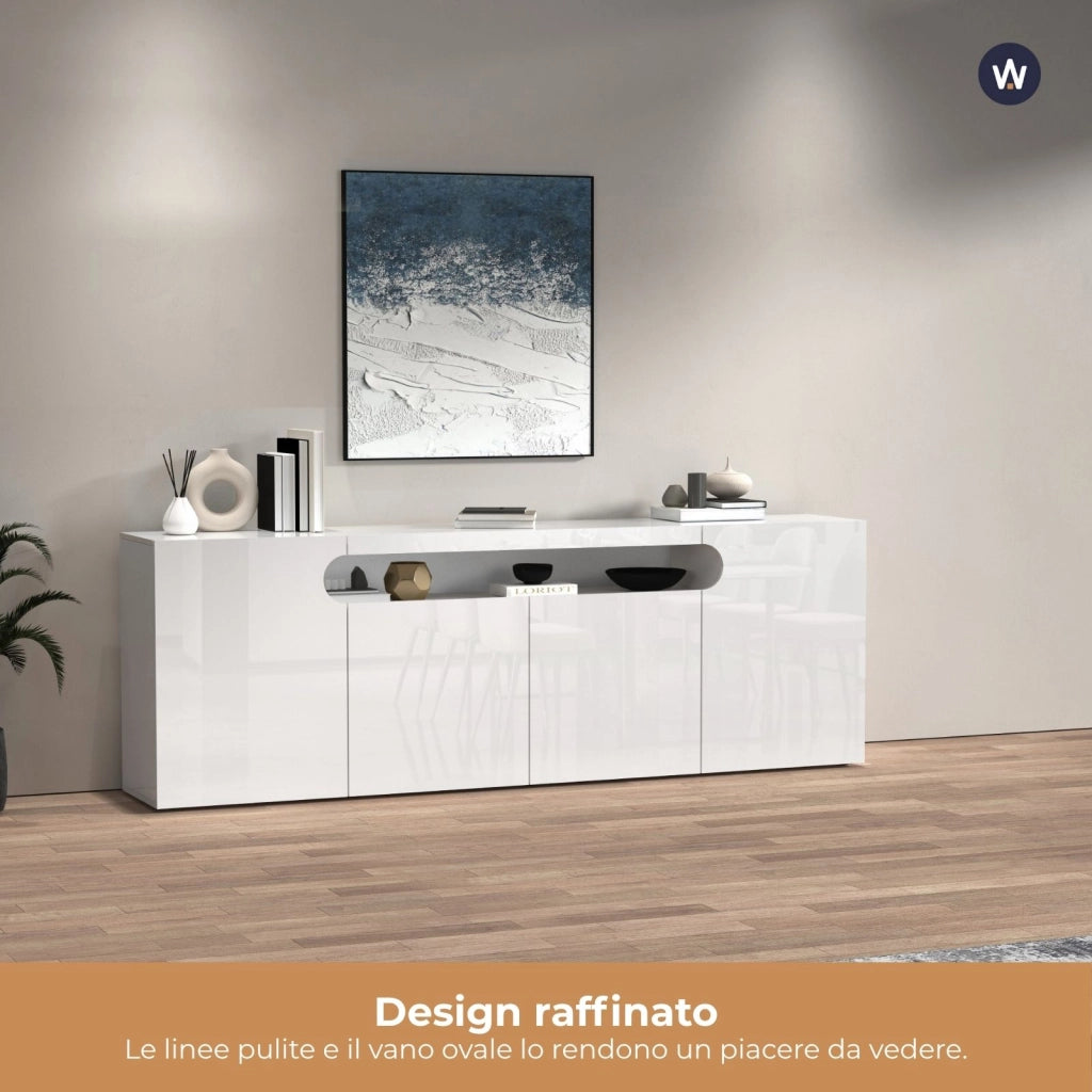 WHOUS Credenza Real con 4 ante e 1 vano aperto bianco lucido 200x40x80 cm