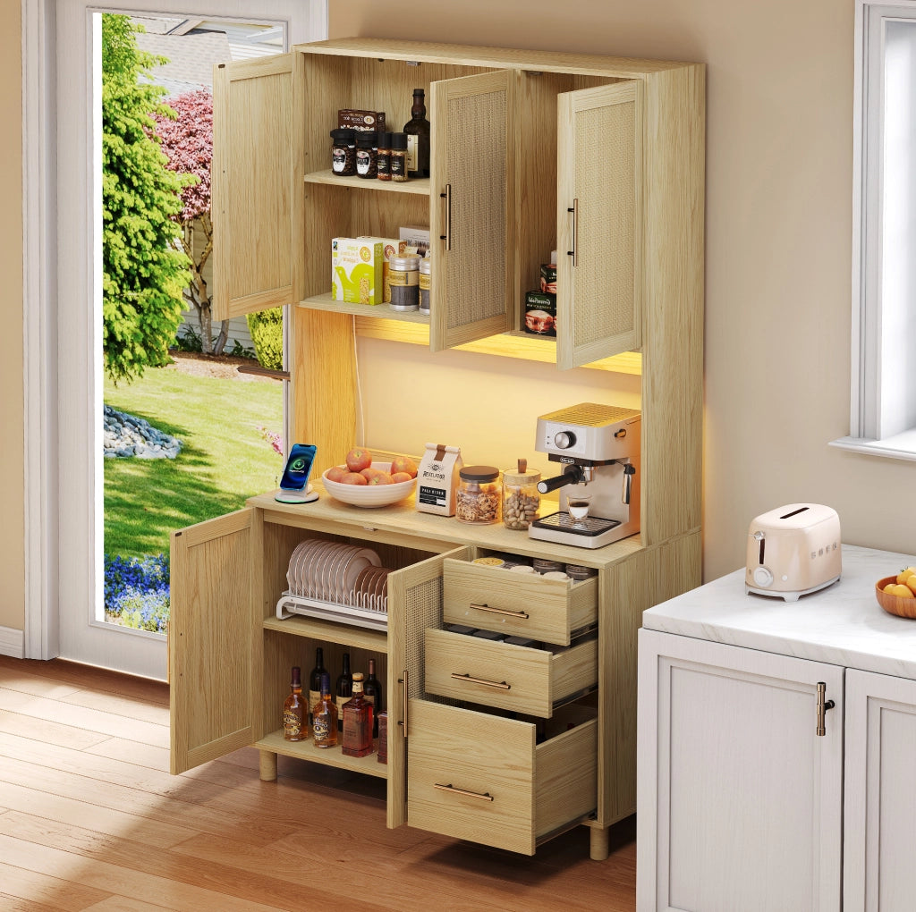 Credenza da cucina con LED, prese integrate, 3 cassetti e ripiani regolabili