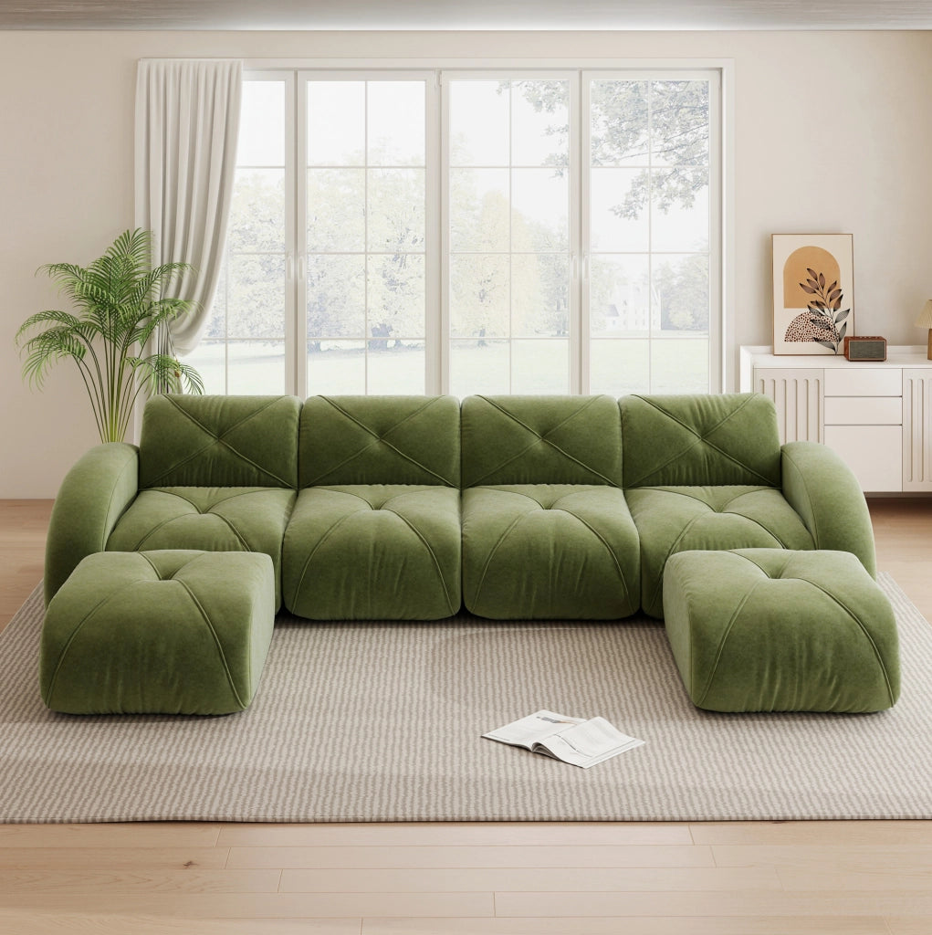 Divano modulare senza braccioli in chenille verde; 358x171x76 cm; con schiuma 32D